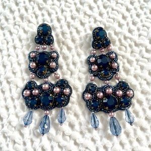 Tory Burch Blue and Lavender Embellished Beaded Leather Chandelier Earrings